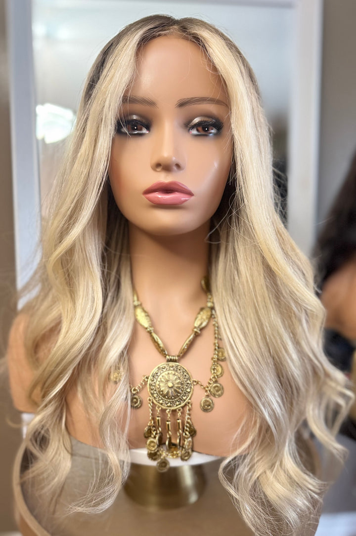European Lace Top Wig - Dimensional Light Blonde with Dark Blonde Roots