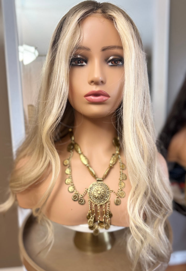 European Lace Top Wig - Dimensional Light Blonde with Dark Blonde Roots