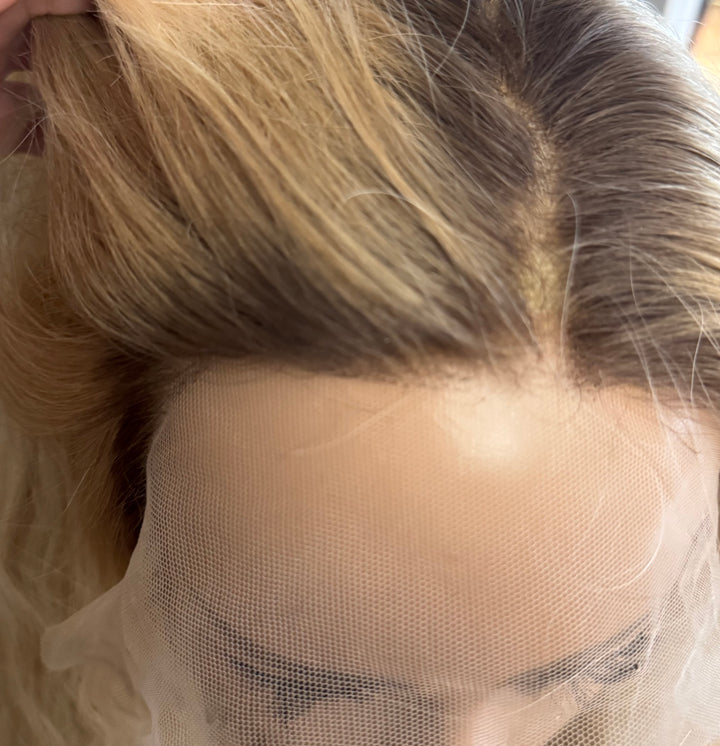 European Lace Top Wig - Dimensional Warm Blonde with Medium Brown Roots