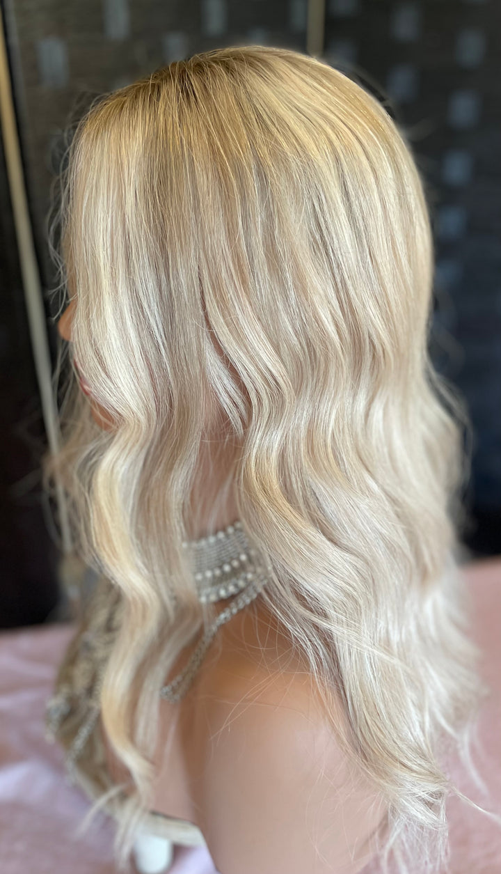 Silk Base Topper - White Blonde/Shadow Roots - European Hair