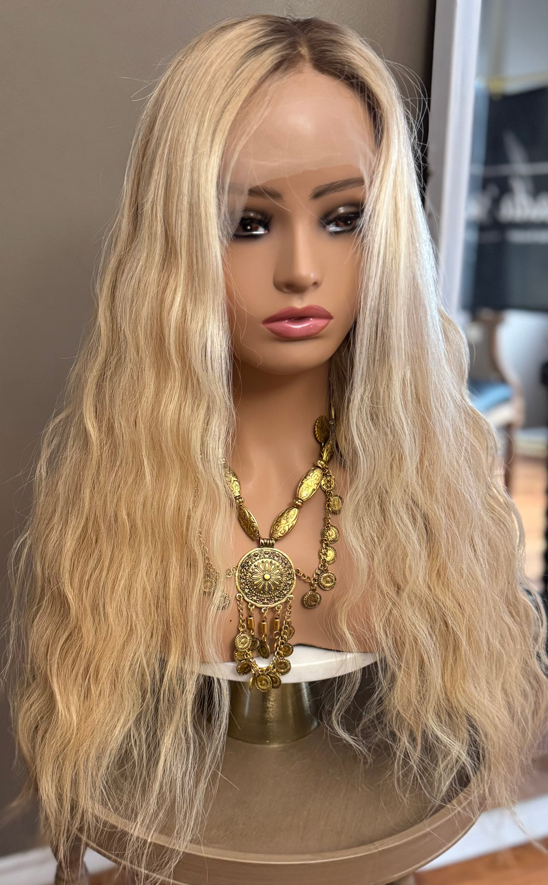 European Lace Top Wig - Dimensional Warm Blonde with Medium Brown Roots