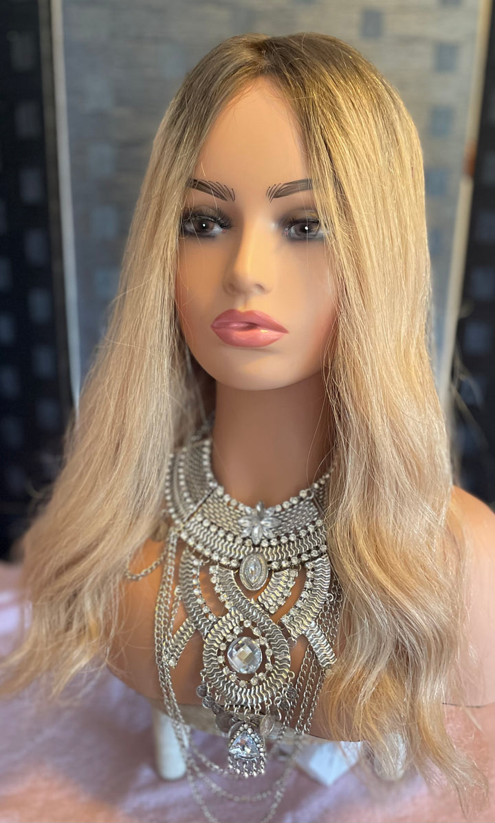 Silk Base Topper - Dark Blonde with Brown Roots - Luxury European Hair Topper