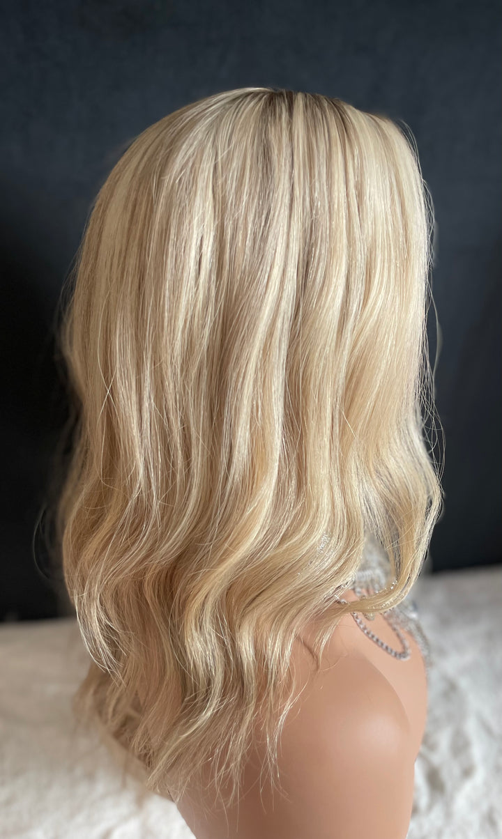 Full Volume Mono Base Topper - 7.5”x8” Base - 14” - Dimensional Blonde with Shadow Roots