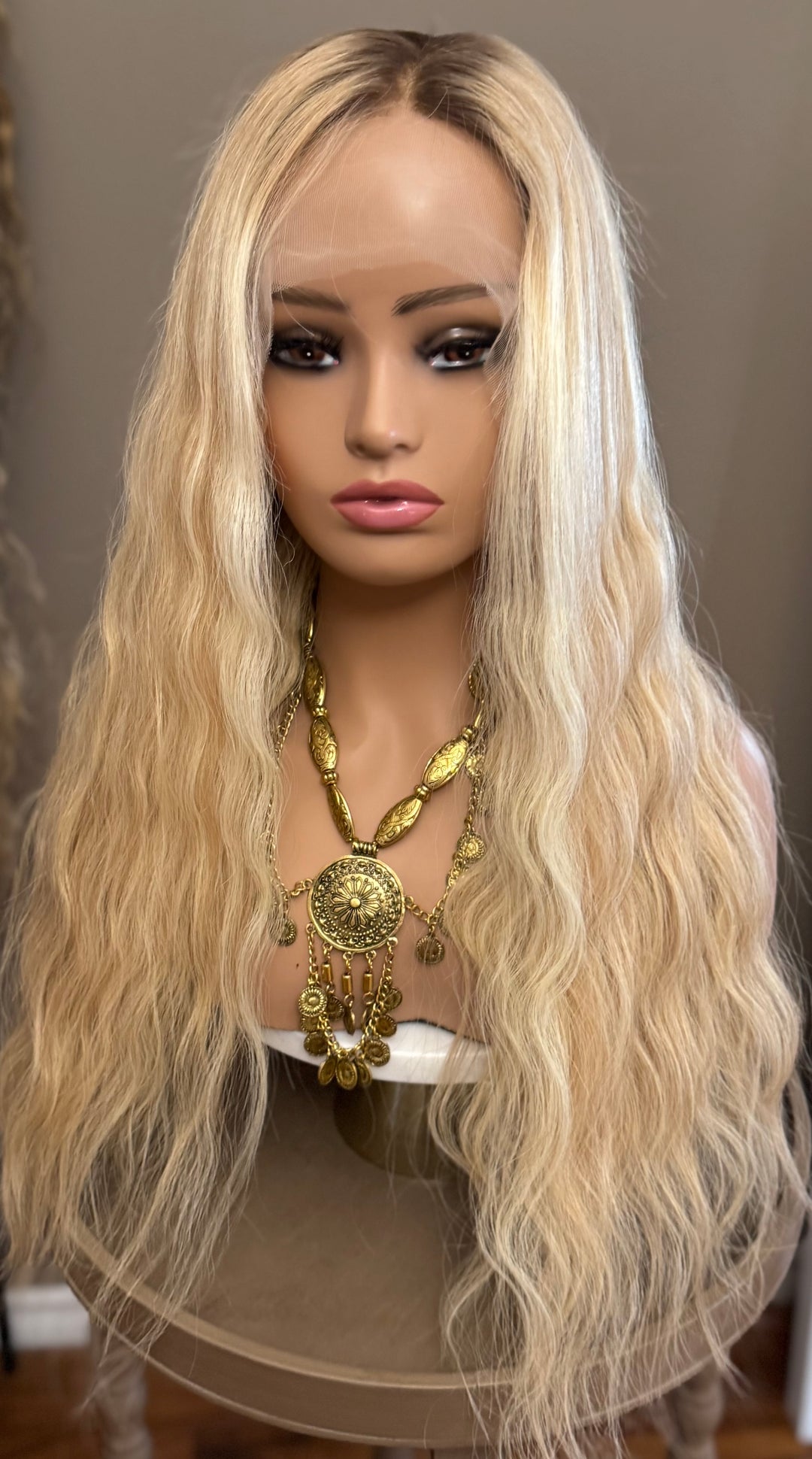 European Lace Top Wig - Dimensional Warm Blonde with Medium Brown Roots