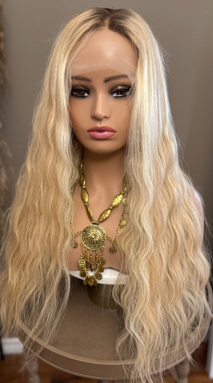 European Lace Top Wig - Dimensional Warm Blonde with Medium Brown Roots