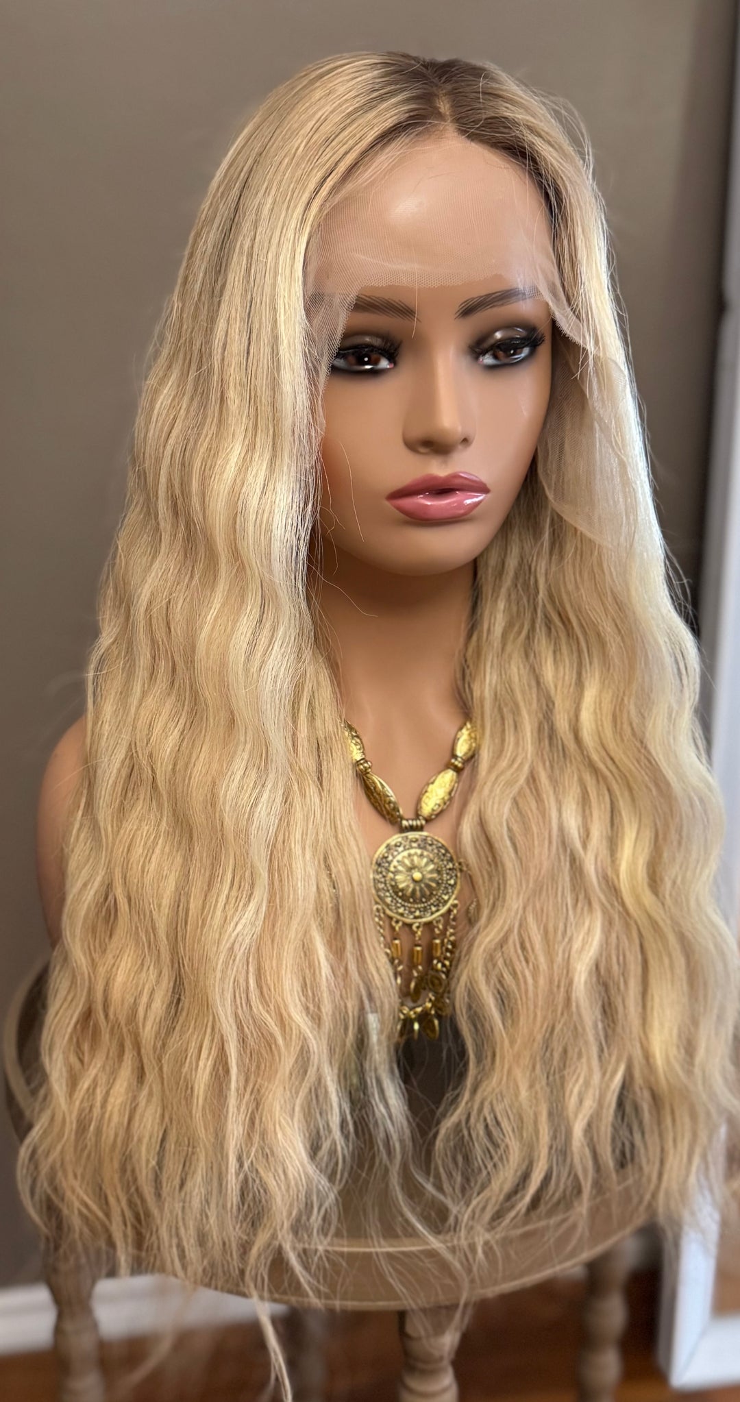European Lace Top Wig - Dimensional Warm Blonde with Medium Brown Roots