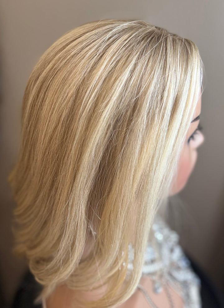 Full Volume Mono Base Topper - 7.5”x8” Base - 14” - Dimensional Blonde with Shadow Roots
