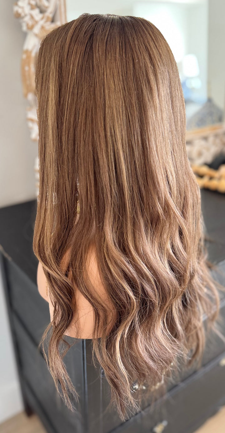 Luxury HD Lace Front European Human Hair Wig - Light Cool Brown with Blonde Highlights