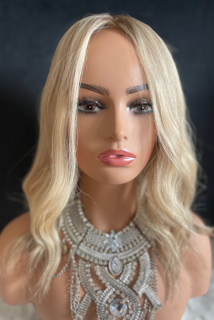 Full Volume Mono Base Topper - 7.5”x8” Base - 14” - Dimensional Blonde with Shadow Roots