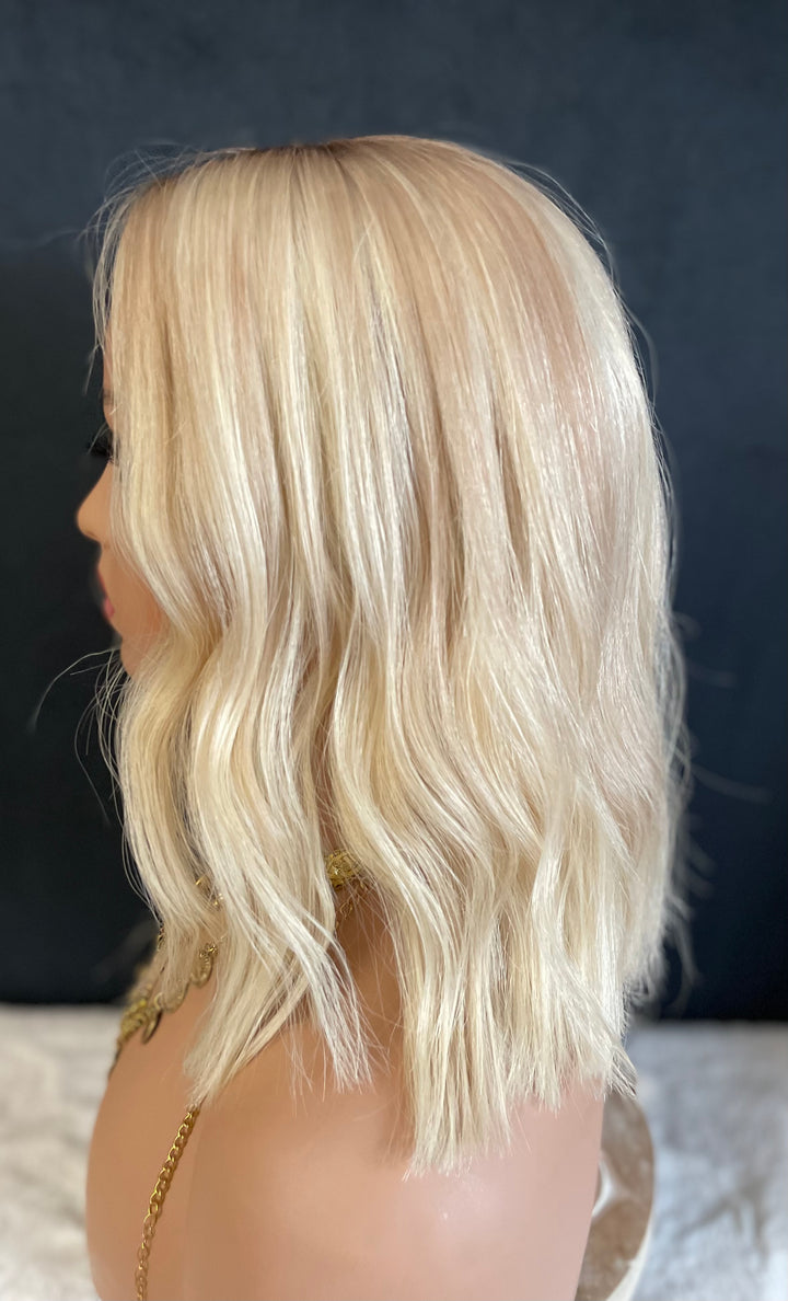 Full Volume Hair Topper - 14” Bob Style - European Luxury Hair - Light Cool Blonde & Lowlights