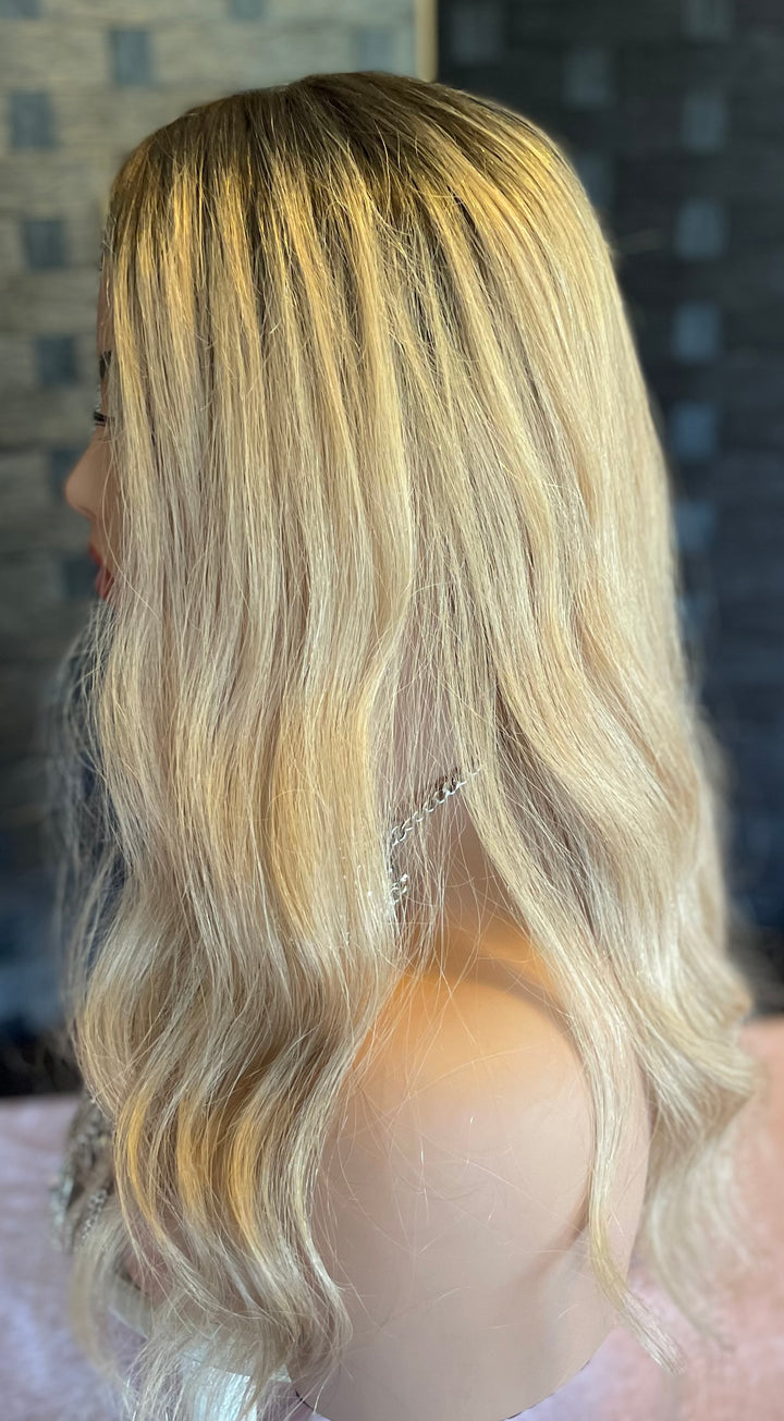 Silk Base Topper - Dark Blonde with Brown Roots - Luxury European Hair Topper