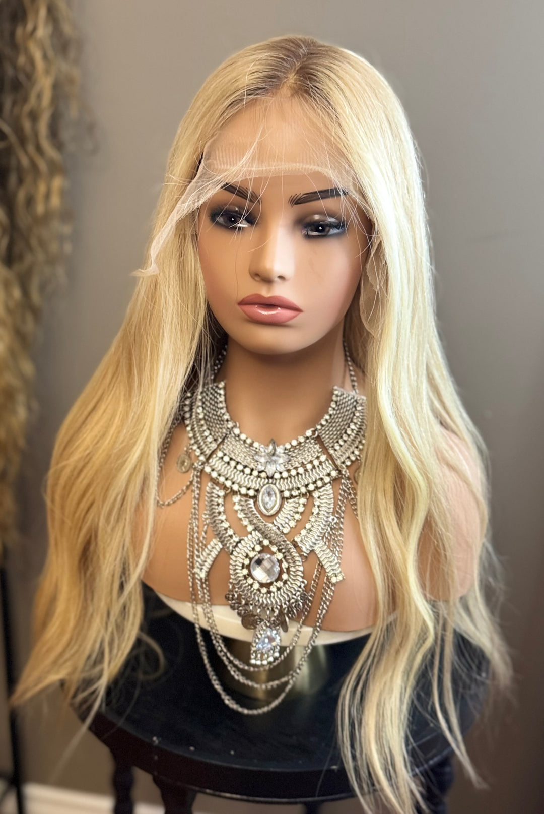 European Lace Top Wig - Dimensional Warm Blonde with Medium Brown Roots