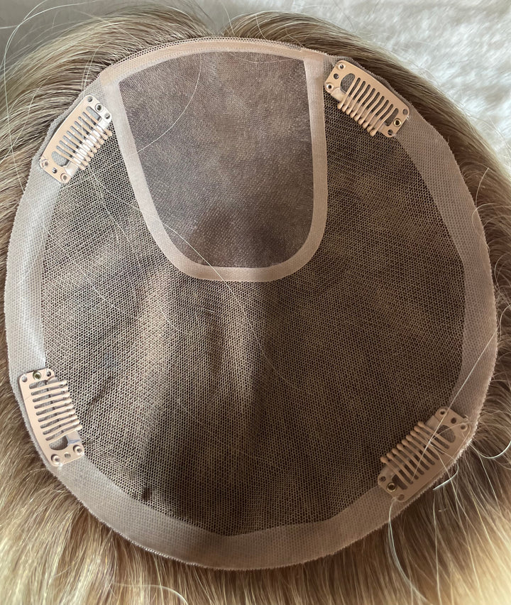 Full Volume Mono Base Topper - 7.5”x8” Base - 14” - Dimensional Blonde with Shadow Roots