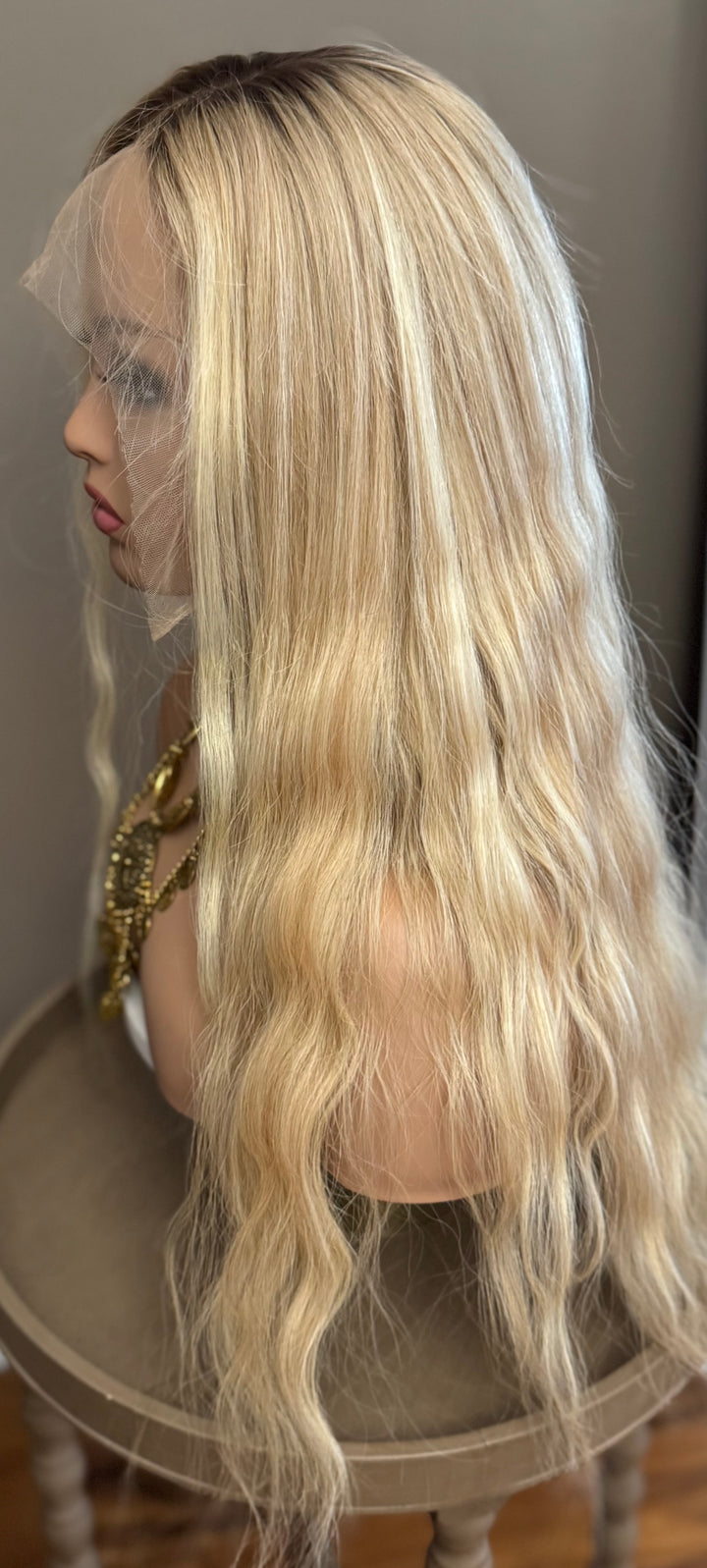 European Lace Top Wig - Dimensional Warm Blonde with Medium Brown Roots