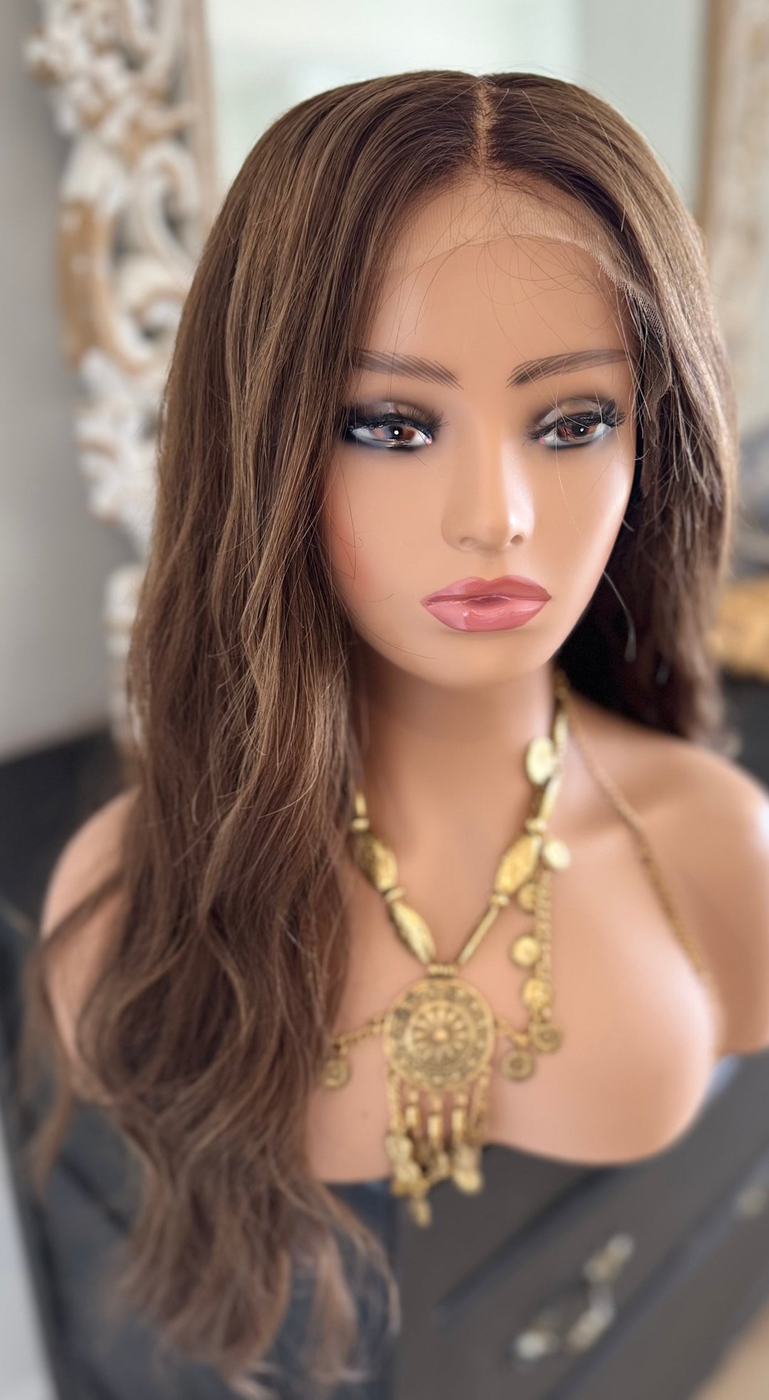 Luxury HD Lace Front European Human Hair Wig - Light Cool Brown with Blonde Highlights