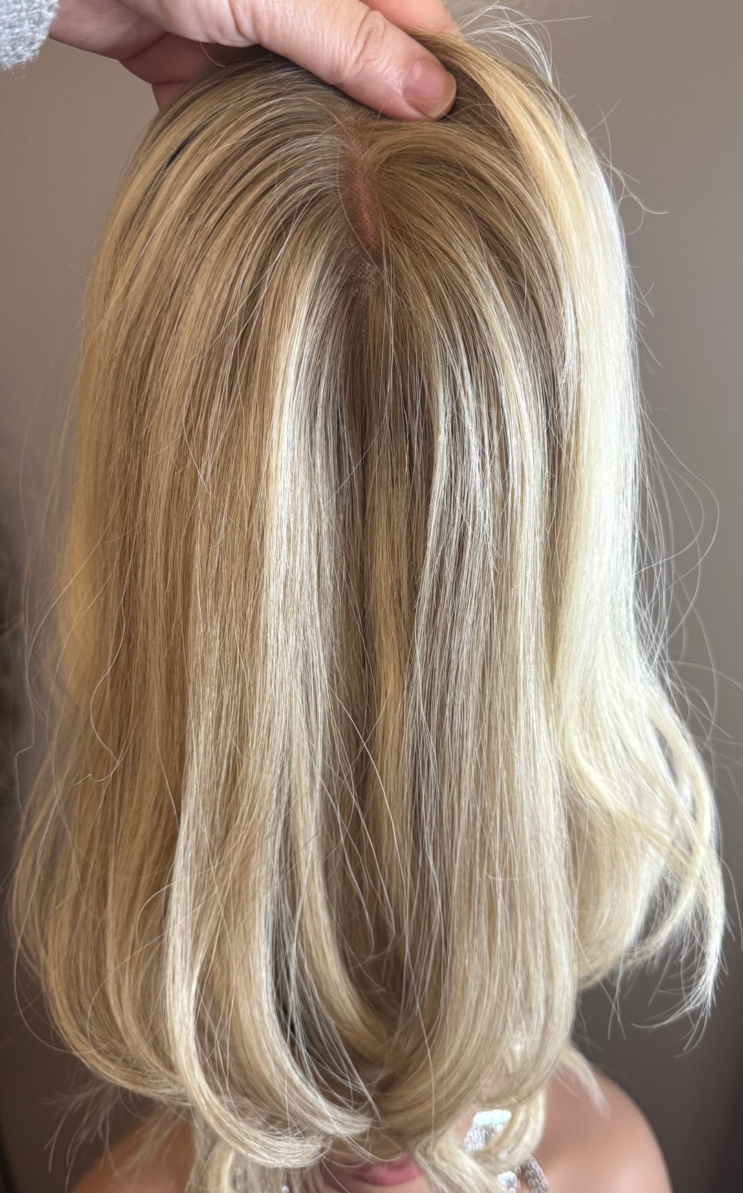 Full Volume Mono Base Topper - 7.5”x8” Base - 14” - Dimensional Blonde with Shadow Roots