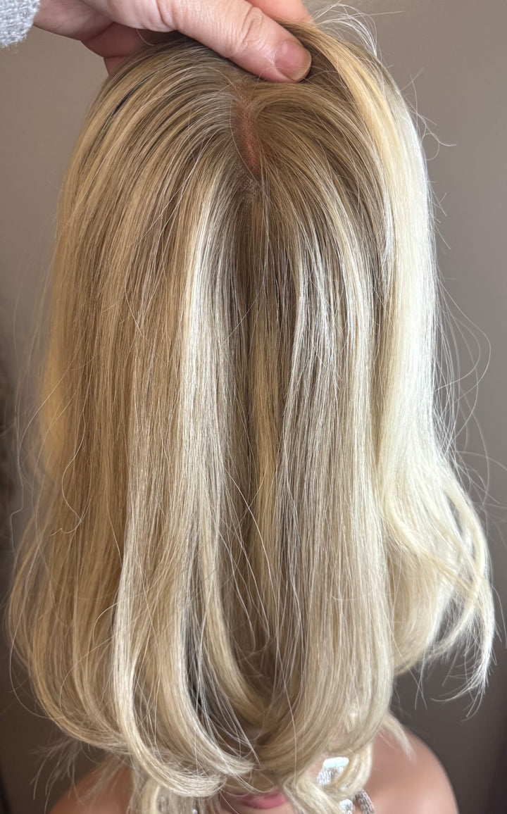 Full Volume Mono Base Topper - 7.5”x8” Base - 14” - Dimensional Blonde with Shadow Roots