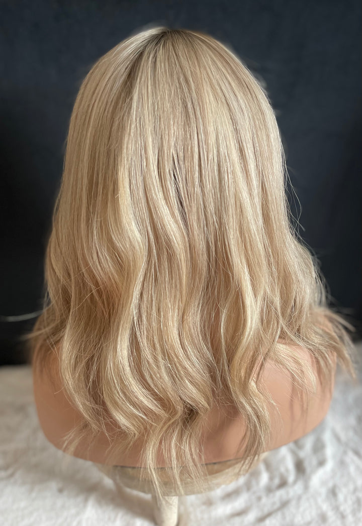 Full Volume Mono Base Topper - 7.5”x8” Base - 14” - Dimensional Blonde with Shadow Roots