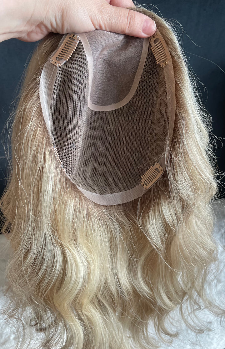 Full Volume Mono Base Topper - 7.5”x8” Base - 14” - Dimensional Blonde with Shadow Roots