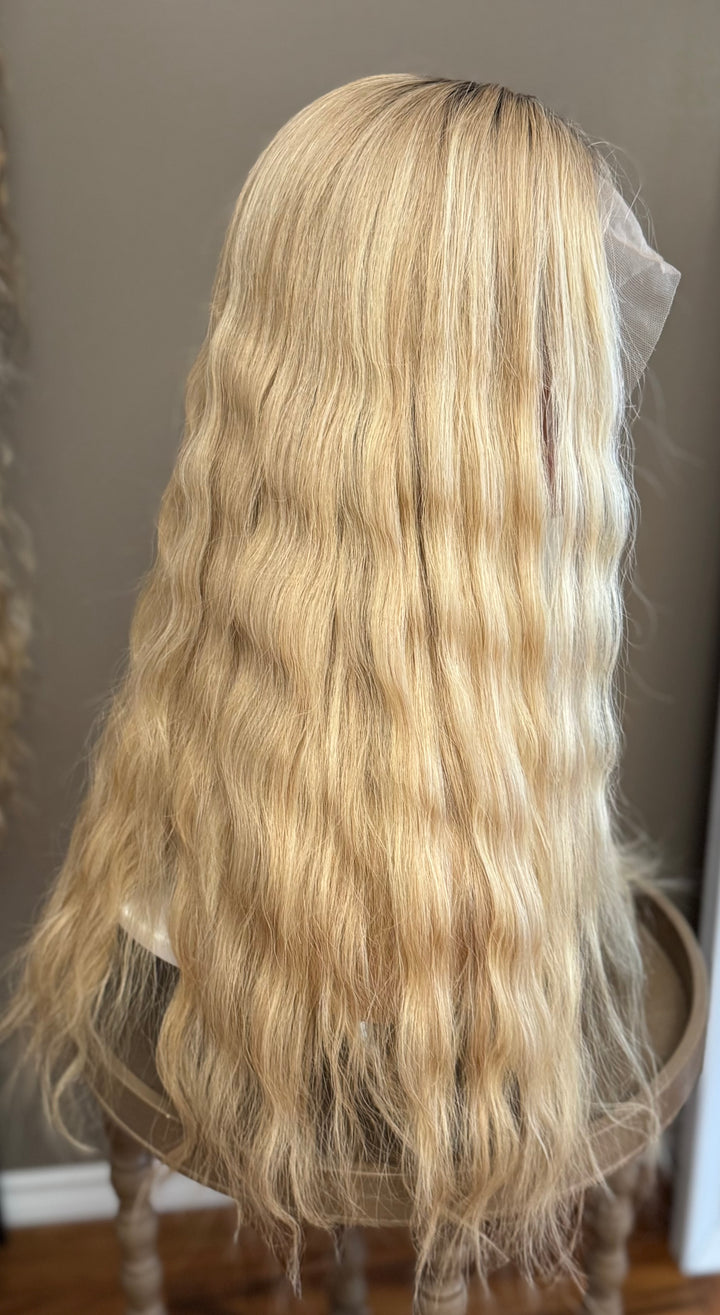 European Lace Top Wig - Dimensional Warm Blonde with Medium Brown Roots