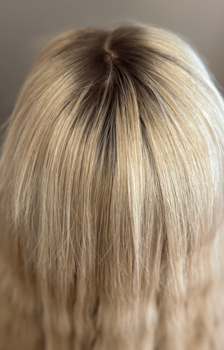 European Lace Top Wig - Dimensional Warm Blonde with Medium Brown Roots