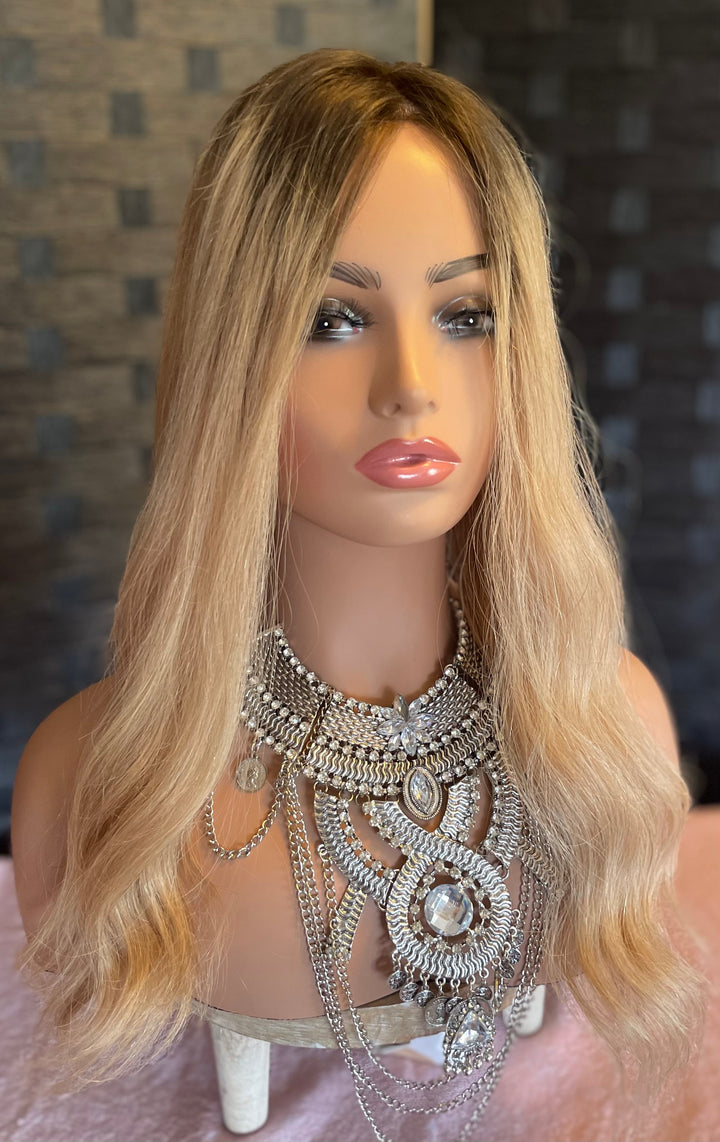 Silk Base Topper - Dark Blonde with Brown Roots - Luxury European Hair Topper