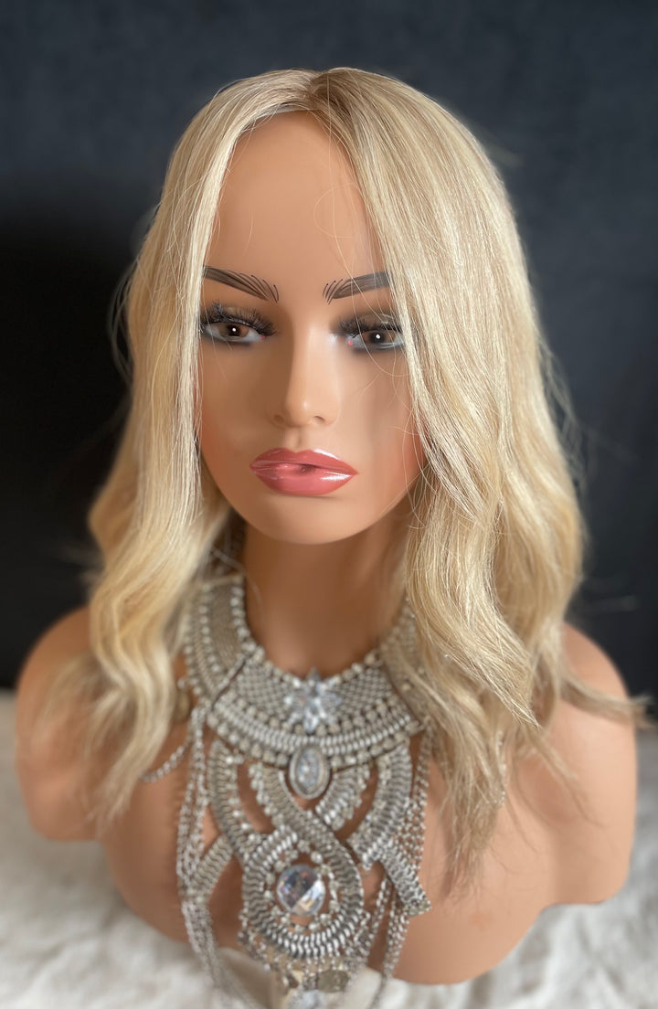Full Volume Mono Base Topper - 7.5”x8” Base - 14” - Dimensional Blonde with Shadow Roots
