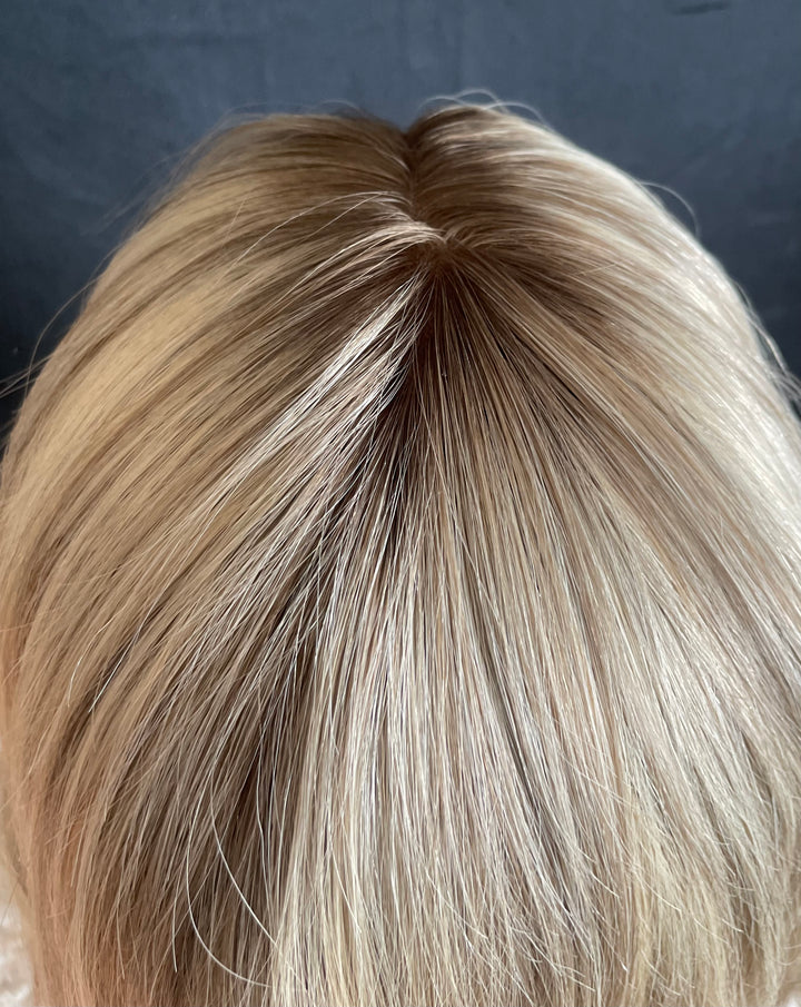 Full Volume Mono Base Topper - 7.5”x8” Base - 14” - Dimensional Blonde with Shadow Roots