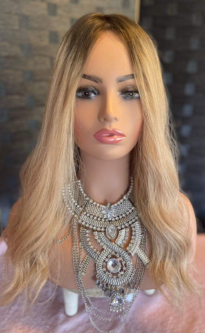 Silk Base Topper - Dark Blonde with Brown Roots - Luxury European Hair Topper
