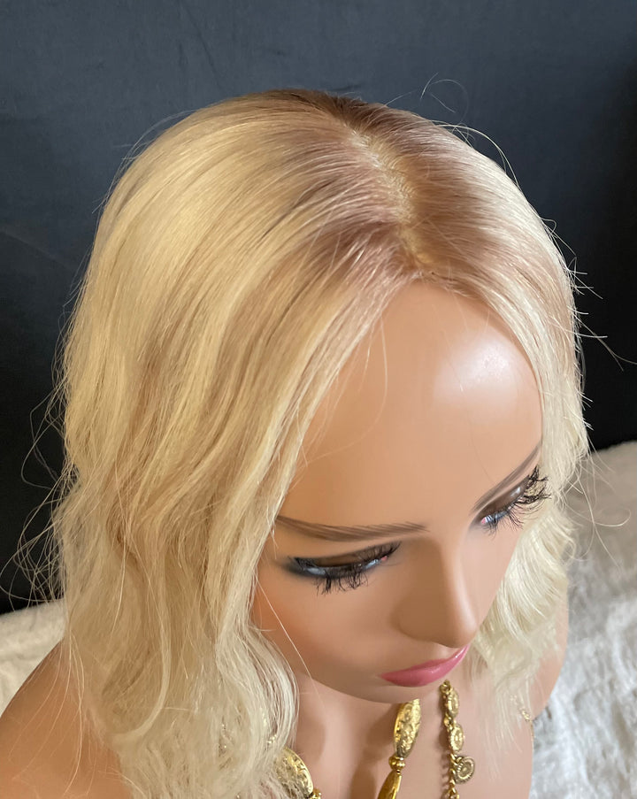 Full Volume Hair Topper - 14” Bob Style - European Luxury Hair - Light Cool Blonde & Lowlights