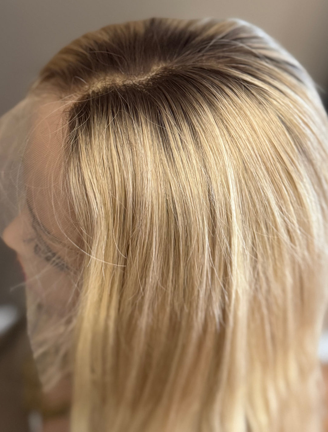 European Lace Top Wig - Dimensional Warm Blonde with Medium Brown Roots