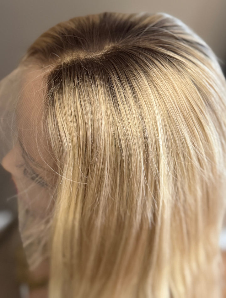 European Lace Top Wig - Dimensional Warm Blonde with Medium Brown Roots
