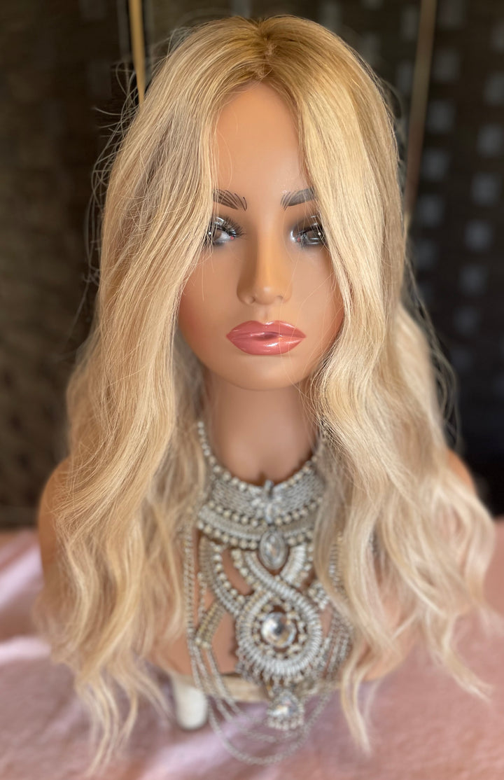 Silk Base Topper - White Blonde/Shadow Roots - European Hair