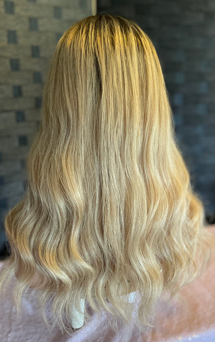 Silk Base Topper - Dark Blonde with Brown Roots - Luxury European Hair Topper