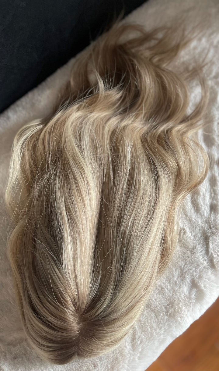 Full Volume Mono Base Topper - 7.5”x8” Base - 14” - Dimensional Blonde with Shadow Roots