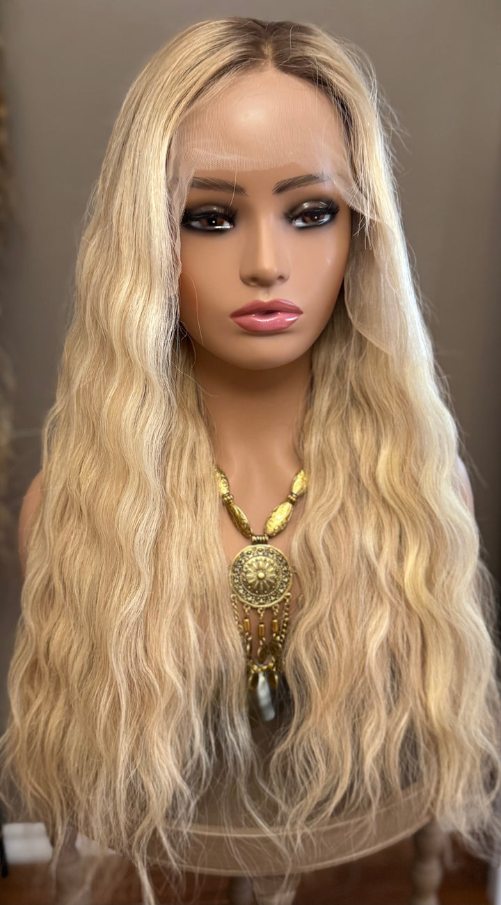 European Lace Top Wig - Dimensional Warm Blonde with Medium Brown Roots