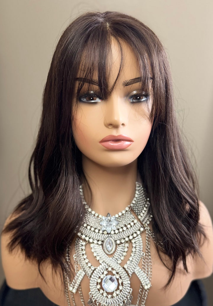 European Lace Top Wig - Dark Brown with Subtle Auburn Highlights with Bangs