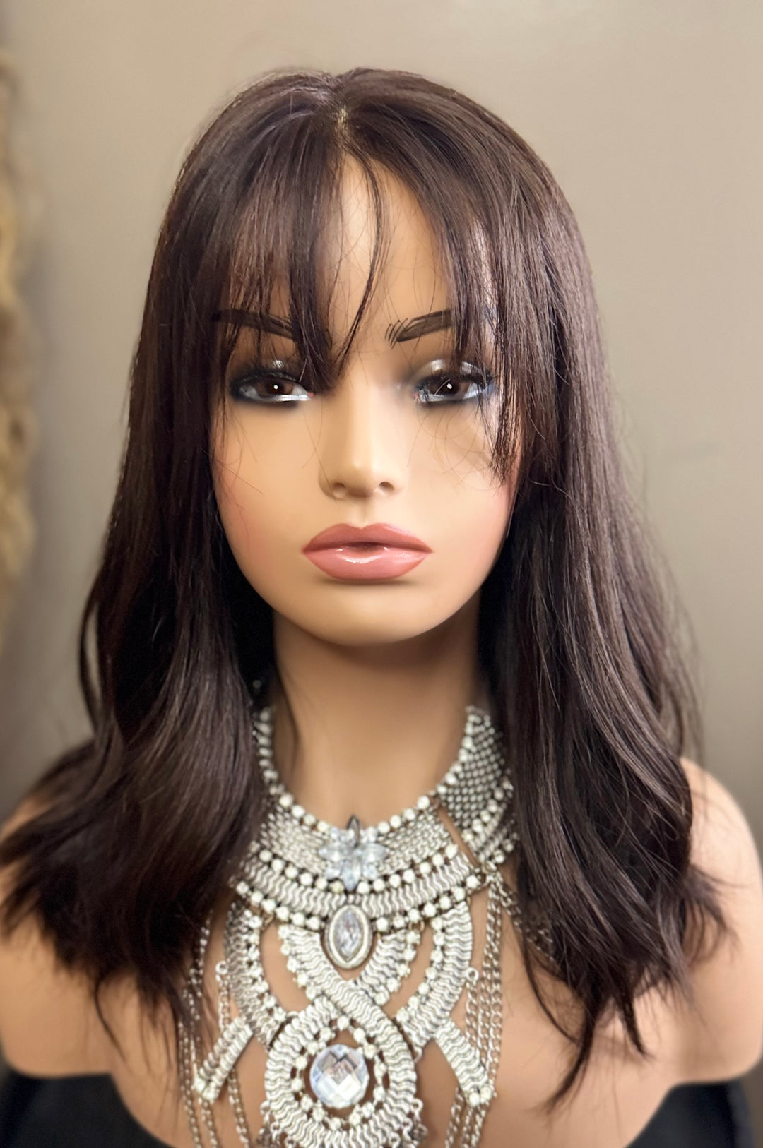 European Lace Top Wig - Dark Brown with Subtle Auburn Highlights with Bangs