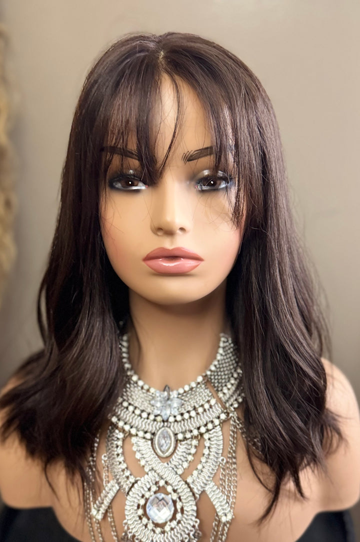 European Lace Top Wig - Dark Brown with Subtle Auburn Highlights with Bangs