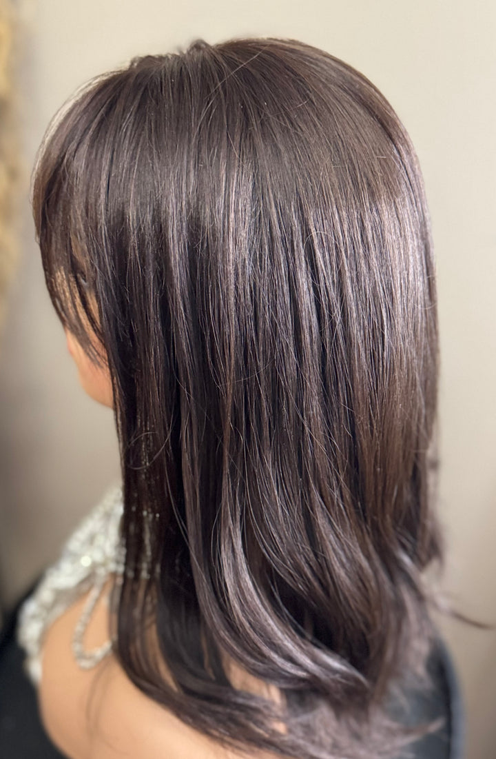 European Lace Top Wig - Dark Brown with Subtle Auburn Highlights with Bangs