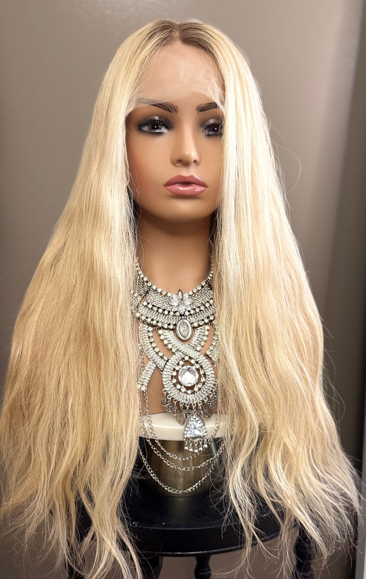European Lace Top Wig - Dimensional Warm Blonde with Medium Brown Roots