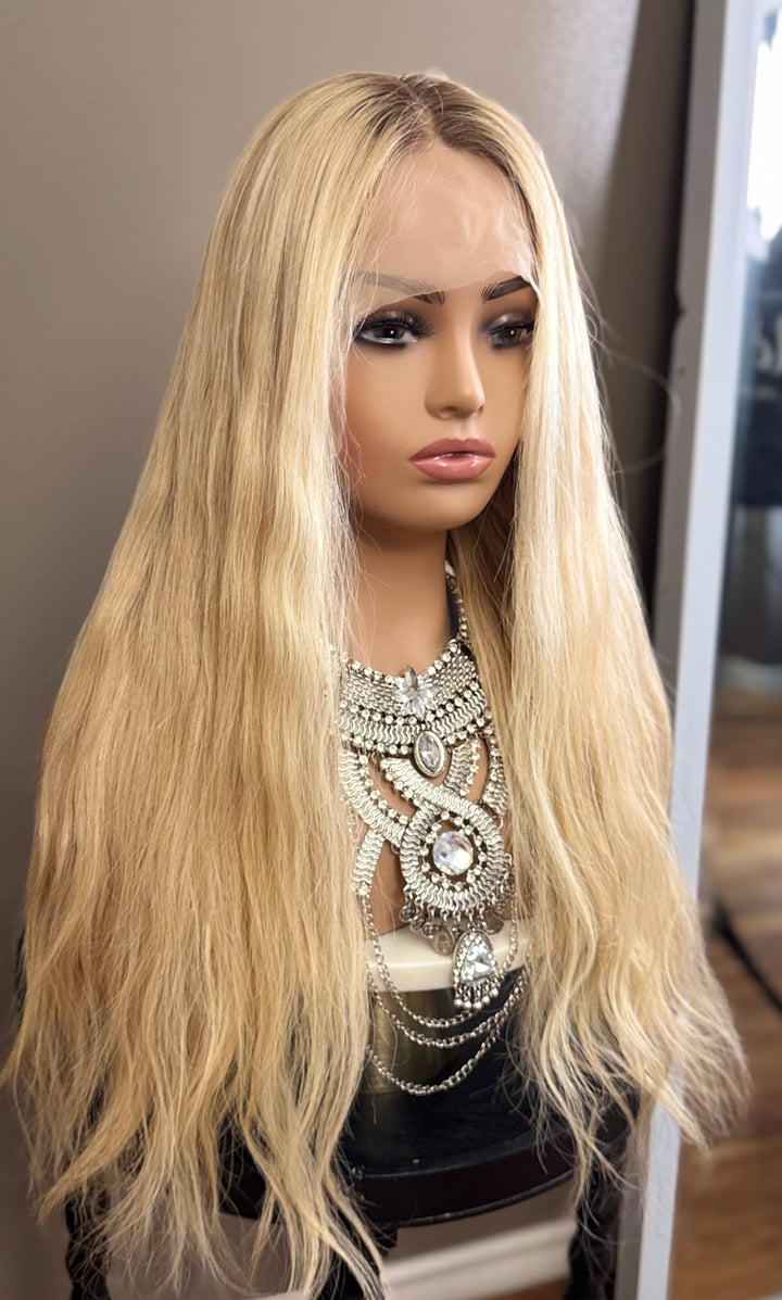 European Lace Top Wig - Dimensional Warm Blonde with Medium Brown Roots