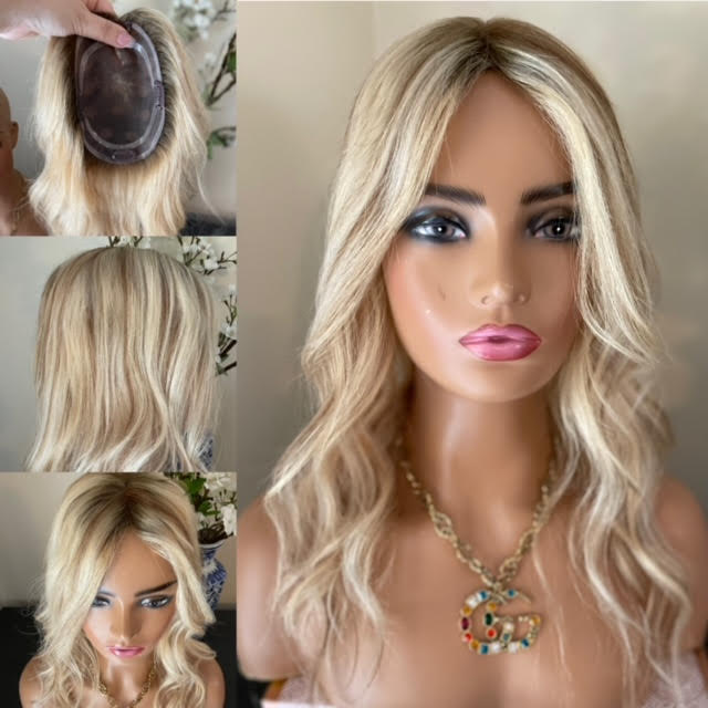 Full Volume Hair Topper - 16"-18" European Luxury Layered Full Volume Hair Topper - Light Cool Blonde & Lowlights