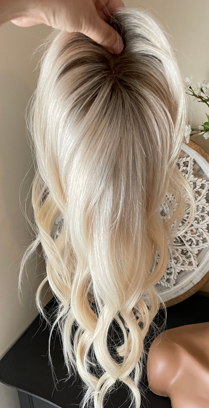 Full Volume Hair Topper - 12-18" European Luxury Layered Full Volume Hair Topper - Light Platinum Blonde & Brown Roots