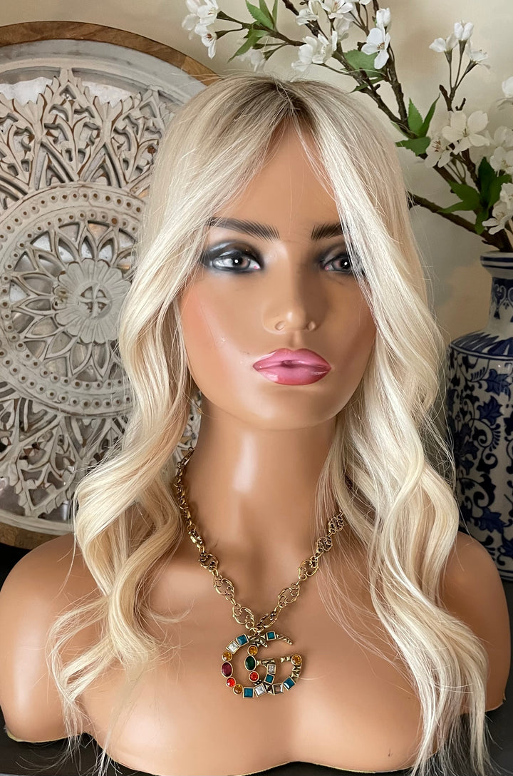 Full Volume Hair Topper - 12-18" European Luxury Layered Full Volume Hair Topper - Light Platinum Blonde & Brown Roots