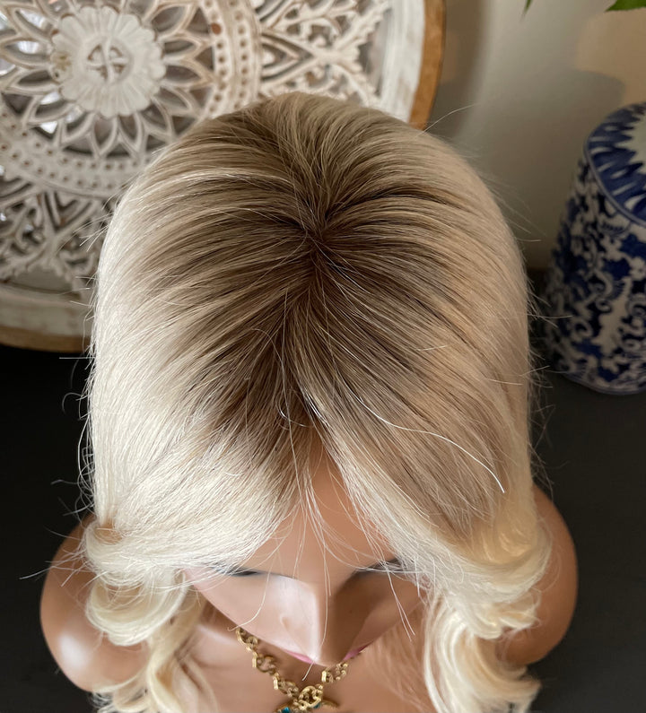 Full Volume Hair Topper - 12-18" European Luxury Layered Full Volume Hair Topper - Light Platinum Blonde & Brown Roots