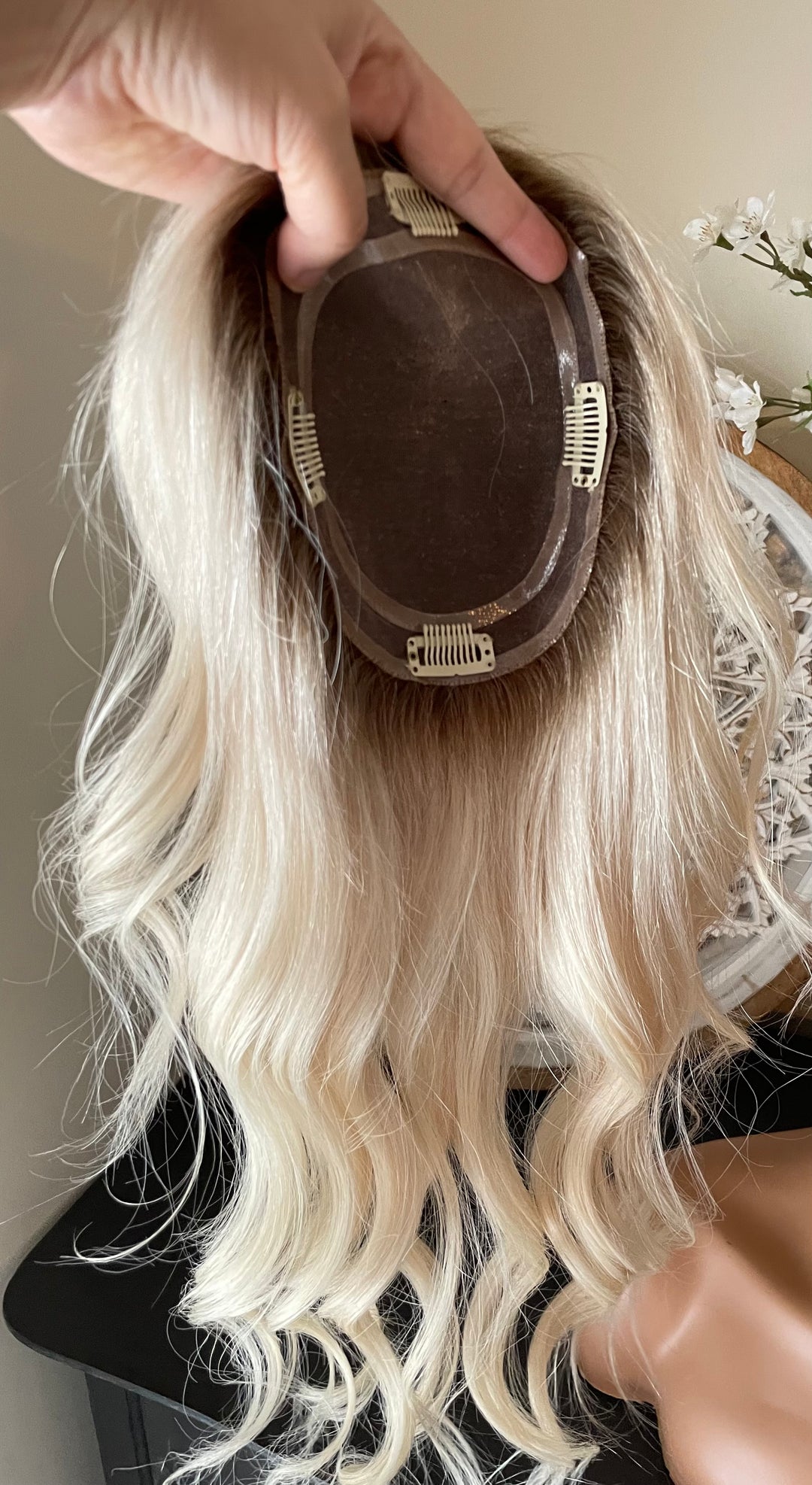 Full Volume Hair Topper - 12-18" European Luxury Layered Full Volume Hair Topper - Light Platinum Blonde & Brown Roots