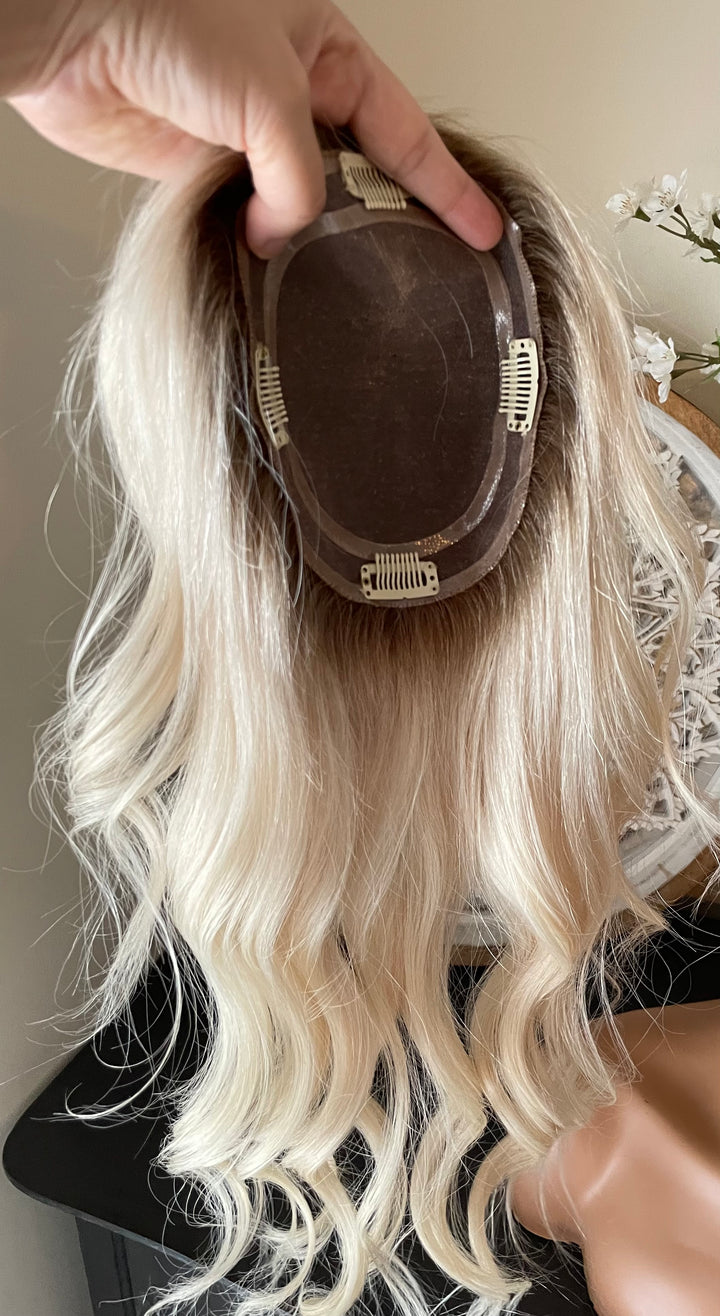 Full Volume Hair Topper - 12-18" European Luxury Layered Full Volume Hair Topper - Light Platinum Blonde & Brown Roots