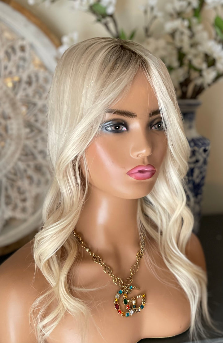 Full Volume Hair Topper - 12-18" European Luxury Layered Full Volume Hair Topper - Light Platinum Blonde & Brown Roots