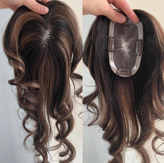 3x5" MONO BASE TOPPER | DARK BROWN WITH HIGHLIGHTS | 16" HUMAN HAIR TOPPERS